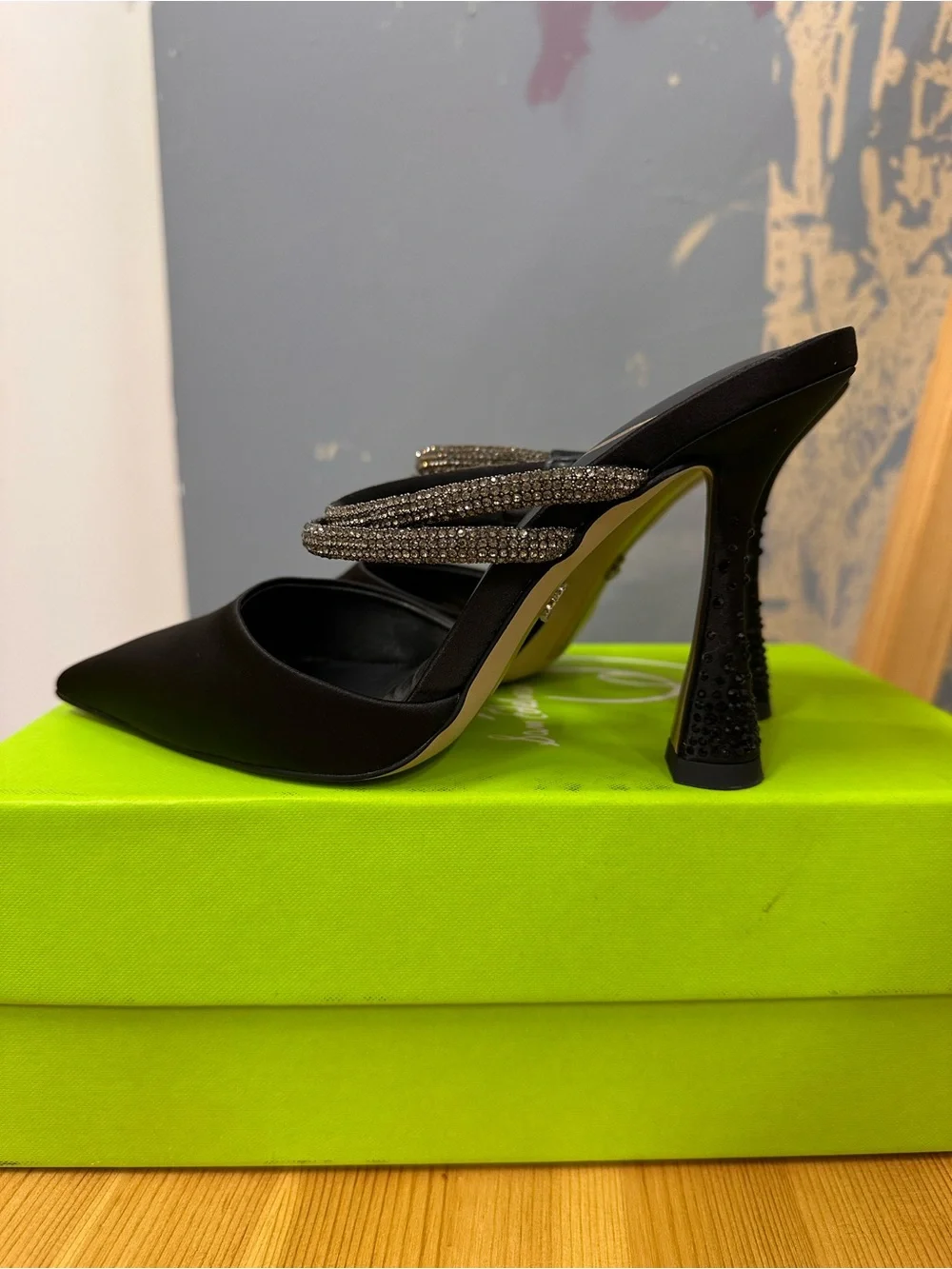 Sam Edelman Black Pointed Satin Mules with Rhinestone Double Straps